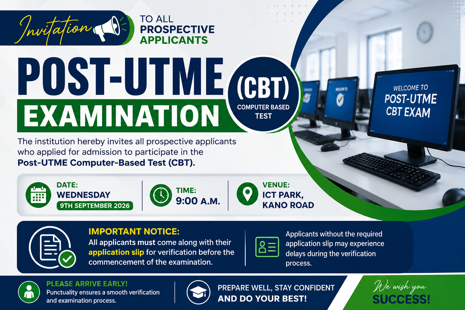 Invitation to Prospective Applicants for Post-UTME CBT Examination